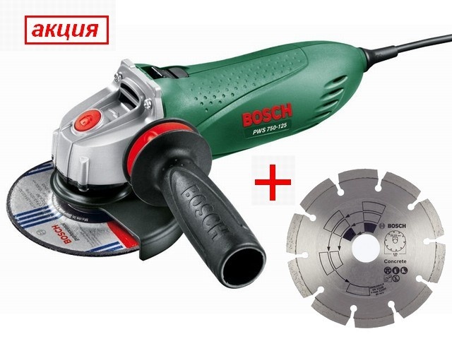 Одноручная углошлифмашина PWS 750-125, 750Вт, 125мм, вибро + алмазн. диск (BOSCH)